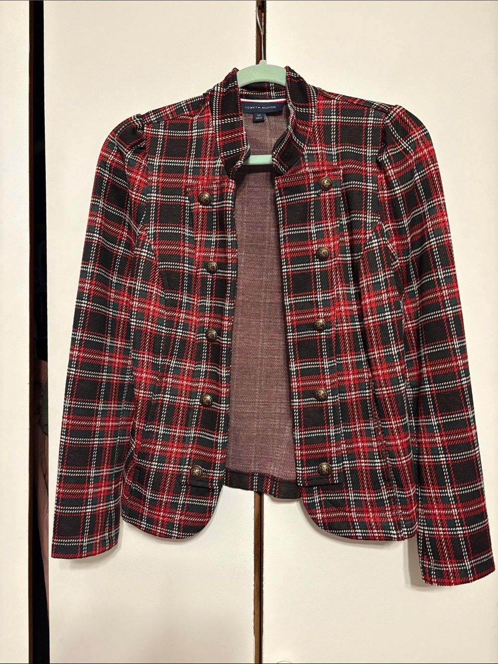 Vintage Y2K Tommy Hilfiger Red and Black Plaid Military-Style Blazer